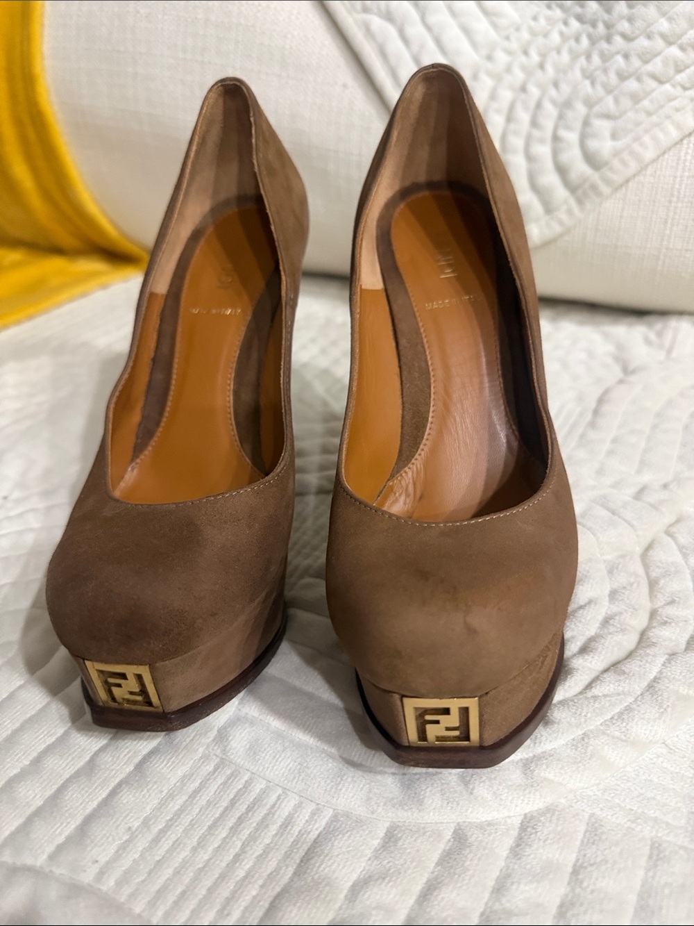 Fendi Tan Suede Platform Pumps with Gold Logo